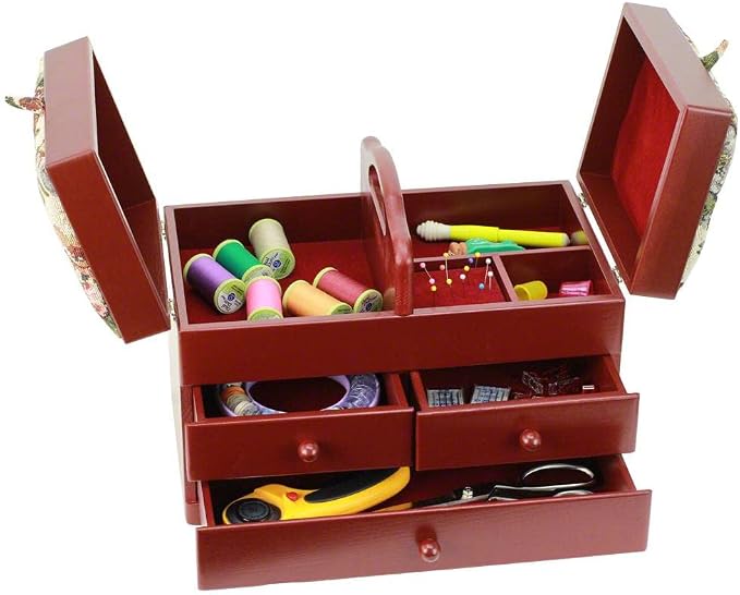 Classic Expanding Wood Sewing Box Basket Storage Caddy with tapestry padded lid, 2x3 Tiers with Easy Carrying Handle, Red - Image 5