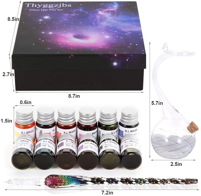 Thyggzjbs Handmade High Borosilicate Glass Glass Dip Pen Ink Set-Crystal Pen with 12 Colorful Inks for Art, Writing, Signatures, Calligraphy, Decoration, Gift (Colorful)