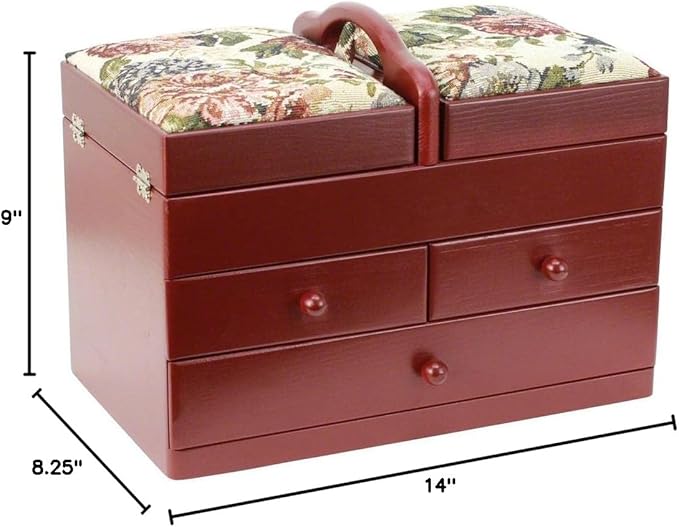 Classic Expanding Wood Sewing Box Basket Storage Caddy with tapestry padded lid, 2x3 Tiers with Easy Carrying Handle, Red