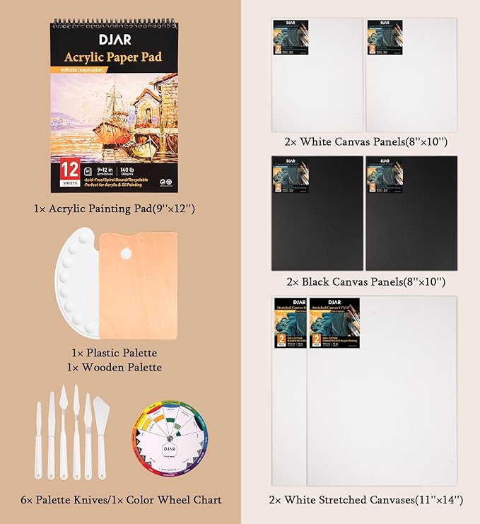 DJAR 49 pcs Acrylic Paint Set with Tabletop Easel Box, 24 Acrylic Paint Colors, Sketchbook, Painting Pads, and Complete Acrylic Art Supplies Kit for Adults, Teens, and Beginners