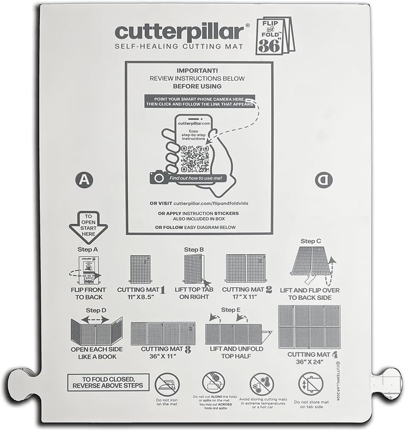 Cutterpillar Flip and Fold Self-Healing Cutting Mat – 5-in-1 Foldable Craft Mat for Fabric, Quilting & Sewing Projects, Easy Travel & Storage, Expands from 9" x 12" to 24" x 36"