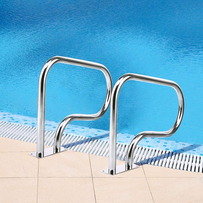 Goplus Pool Handrail, 2PCS Stainless Steel Swimming Pool Railings for Inground Pools w/Base Plate, Easy Mount Safety Hand Rail(2 Packs-32''x23'' (LxH))