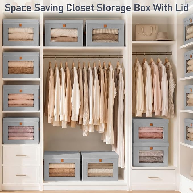 DIMJ Storage Bins with Lids - 5 Pack Front Opening Stackable Fabric Storage Boxes with Clear Window & Handles, Collapsible Closet Organizers for Clothes, Sweaters, Shelf Storage, Bedroom, Gray - Image 7