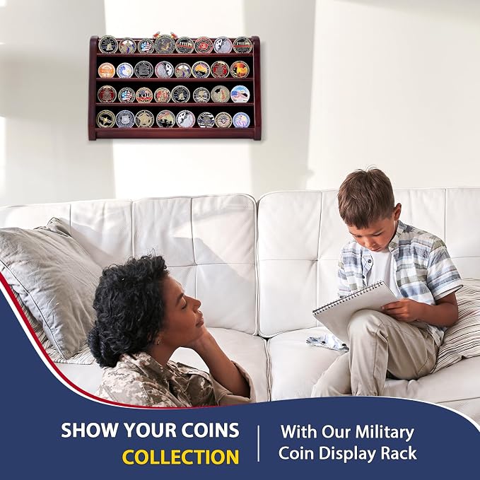 Challenge Coin Display Case, 4 Row Solid Wood Military Coin Holder Rack Stand Holds 30 Coins for Desk or Wall Mount, Coin Holders for Collectors (Mahogany Finish) - Image 6