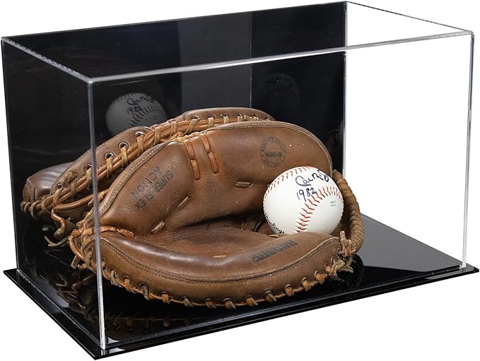 Better Display Cases Acrylic Catchers Glove Display Case with Mirror Case and Black Base 14" x 8" x 8.5" (V16/A011)