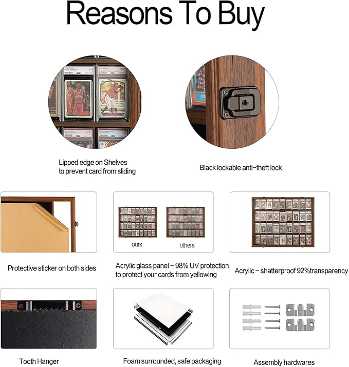 Graded Sports Card Display Case - 36 Baseball Card Display Case - Lockable Trading Card Frame Wall Display with UV Protection for Football Basketball Hockey Cards, Walnut