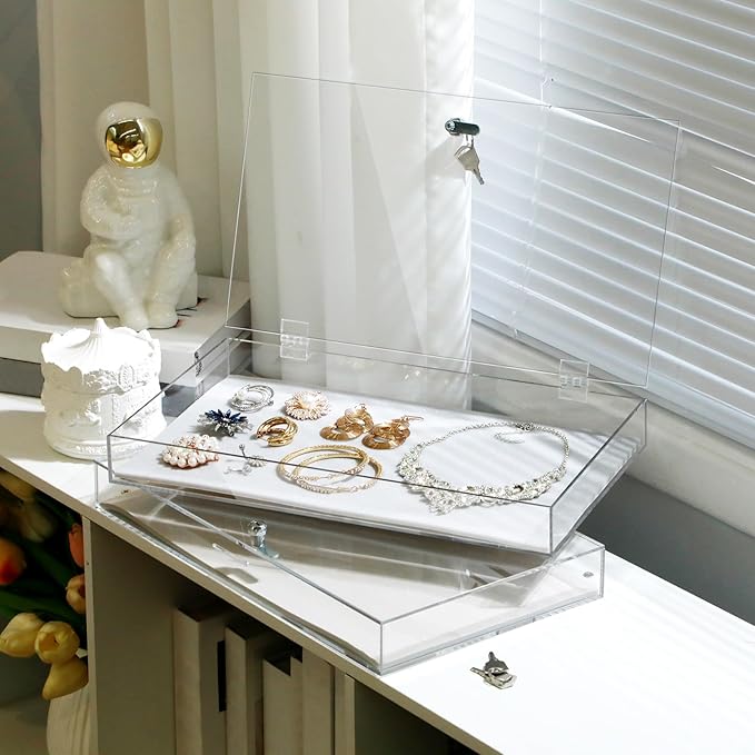 2 Pcs Acrylic Locking Jewelry Display Case Clear Ring Earring Necklace Bracelet Security Showcase with Lock and Key for Trade Show Retail Display (Gray)