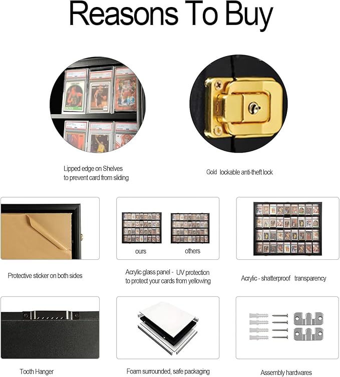 Graded Sports Card Display Case - 36 Baseball Card Display Case - Lockable Sports Card Frame Wall Display with UV Protection for Hockey Football Basketball Cards,Black