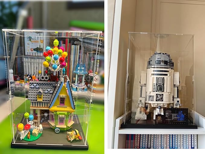Thickened Clear Acrylic Display Case for Lego 75328 75976 Collectibles Minifigure, Self-Assembly Transparent Box Dustproof Protection with Wood-Plastic Base & String Light, Black Inside 5.9x5.9x7.9in