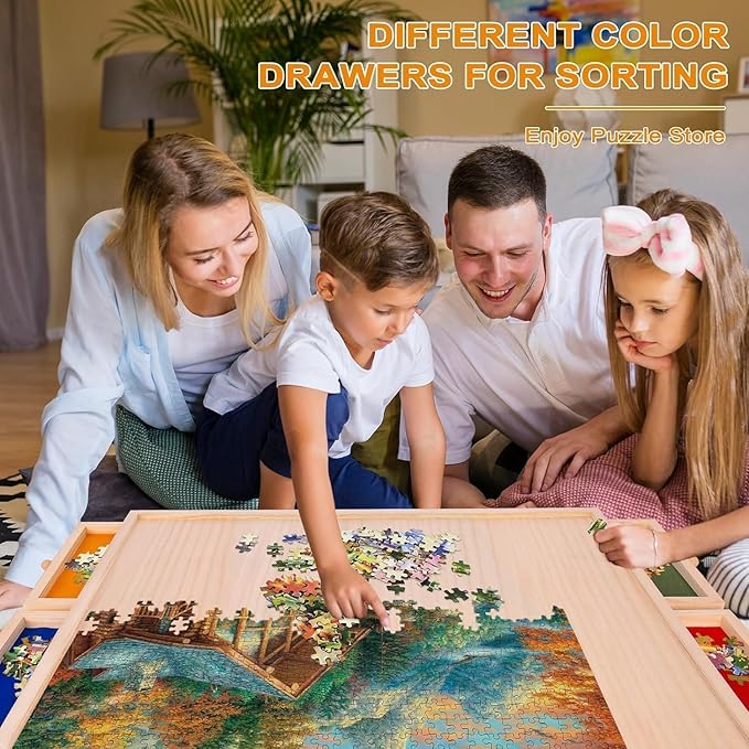 Rotatable 360-Degree Wheels Puzzle Board with Drawers and Cover 1000 Pieces Lightweight Portable Wooden Puzzle Table for Adults Size 30" x 22"