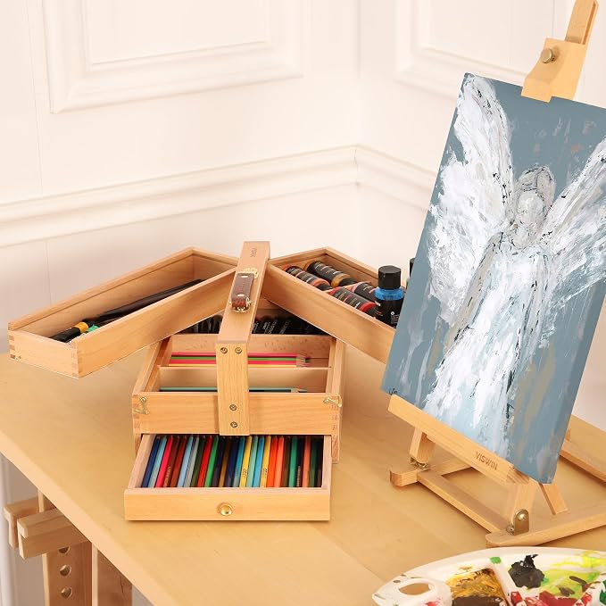 Multi-Function Artist Storage Box, Portable Solid Beech Wooden Tool Box with Drawer, Three Layers Art Supplies Storage Box for Paint Brush, Pen, Pastel, Paining Supplies, 13 1/2" x9 1/2"x5" - Image 6