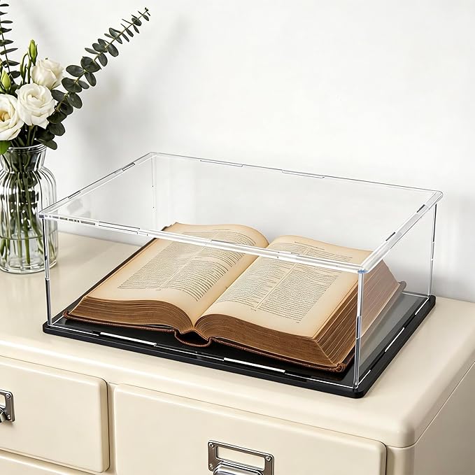 Acrylic Display Case with Matt Black Base and Lid, Dust-Proof Acrylic Box, Tall Showcase Counter-Tops Box for Red Wine Bottles, Figures, Dolls and Colletables (7x7x16 inch)