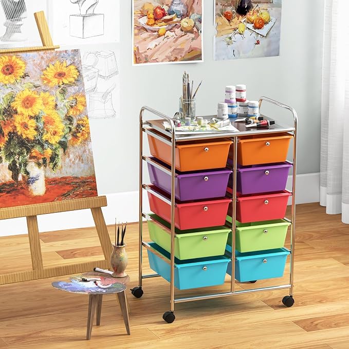 RELAX4LIFE Rolling Storage Cart with 10 Drawers - Craft Storage Cart with Lockable Wheels,Utility Cart, Art Cart Organizer for Crafting Storage, Studio, Office, Home, School Rolling Drawer Cart - Image 9
