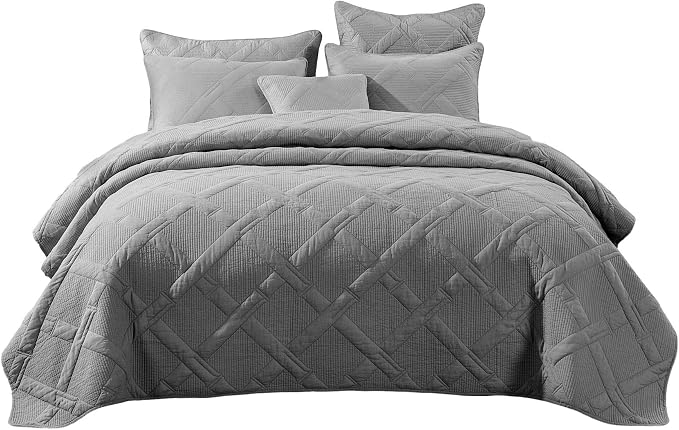 Tache Solid Light Grey Silver Soothing Pastel Soft Cotton Geometric Diamond Stitch Pattern Lightweight Quilted Bedspread 3 Piece Set, Queen - Image 8