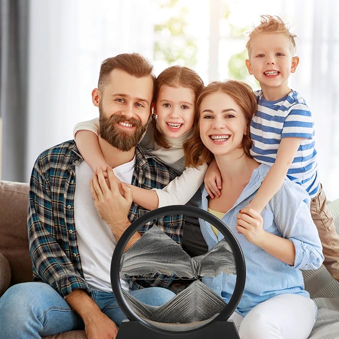 Moving Sand Art Liquid Motion, 3D Deep Sea Sandscape Color Quicksand Decor, Round Glass Moving Sand Art Picture Relaxing Desktop Home Office Work Decor (Black, 7 inch)