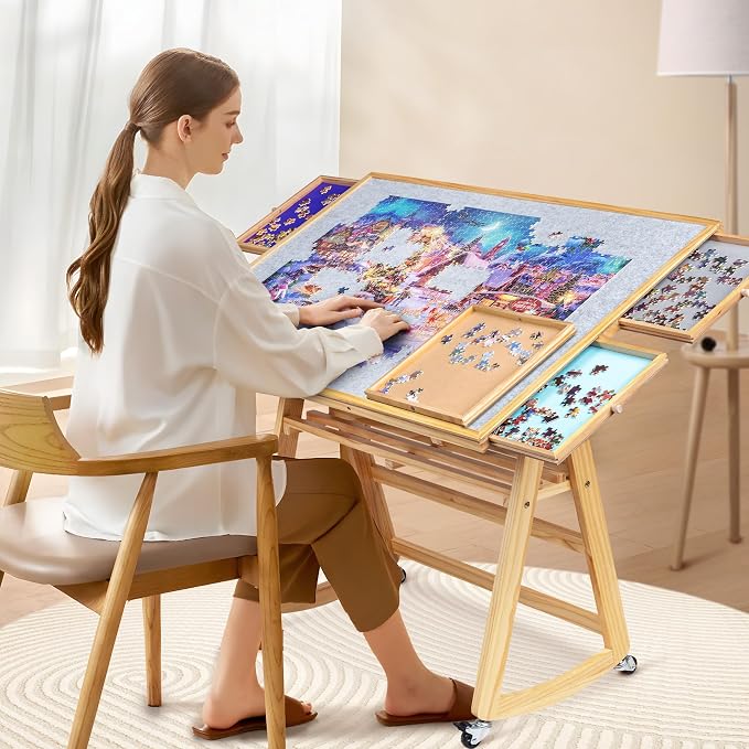 Lavievert 1500 Piece Tilting Puzzle Table with 5 Colored Drawers & Cover | Multiple Adjustable Tilt Angles, Space-Saving Design, Portable Wooden Board Jigsaw Table with Storage & Legs for Adults - Image 8