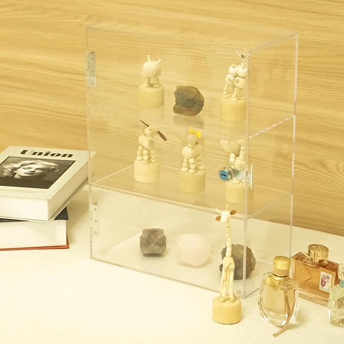 Acrylic Display Case with Lock Key, 3 Shelf Locking Countertop Display Case Cabinet Showcase with Shelves for Collectibles Office Retail Display Safe Storage 11.8x5.9x15.7 Inch