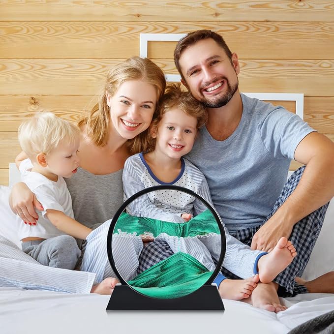 Moving Sand Art Liquid Motion, 3D Deep Sea Sandscape Color Quicksand Decor, Round Glass Moving Sand Art Picture Relaxing Desktop Home Office Work Decor (Green, 12 inch)