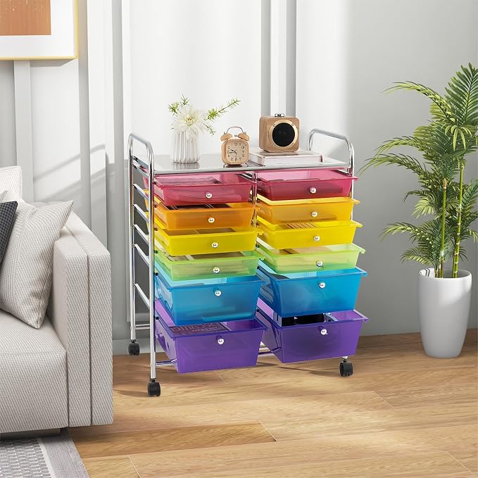 DREAMADE Rolling Cart with Storage Drawers, Utility Cart with Removable Plastic Drawers, Lockable Wheels, Art Cart for Classroom Organization Art Supplies Office Scrapbook (12 Drawers, Rainbow) - Image 8