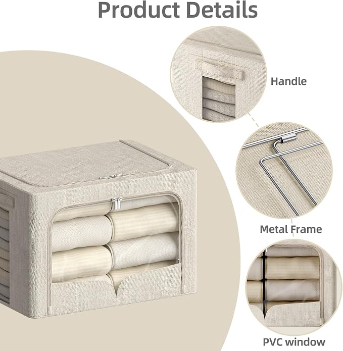 FHSQX 3 Pack Clothes Storage Bins - Foldable Metal Frame Storage Box - Stackable Linen Fabric Container Organizer Set with Carrying Handles and Clear Window (Beige, 16.5x12.2x12.2inch(40L)) - Image 6