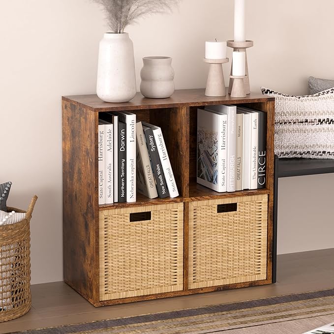 Wooden 4 Cube Storage Organizer with Closed Back Panel,White Cube Shelf Cubby Storage Organizers with Compartments for Living