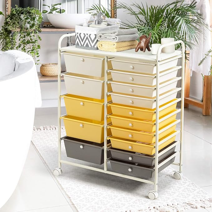 GOFLAME 15-Drawer Rolling Storage Cart, Craft Storage Cart with Removable Drawers & Lockable Wheels, Art Cart Supply Storage Organizer for Home Office Classroom, Yellow - Image 9