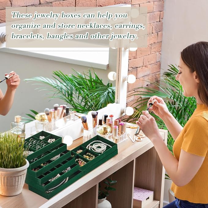 18 Pcs Jewelry Drawer Organizer Inserts, Stackable Jewelries Inserts for Dresser Drawers, Drawer Insert Organizers Velvet Jewelry Trays for Rings Earring Bangle Necklace(Dark Green) - Image 7