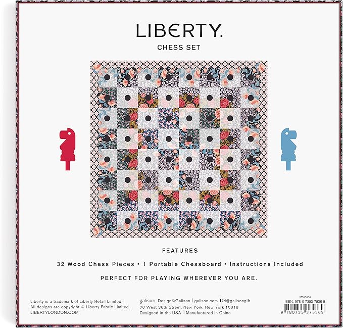 Galison Liberty Anita Peggable Chess Set from Galison - Unique Floral Game Set for Any Game Enthusiast, Featuring 32 Wood Chess Pieces and 1 Portable Chess Board, Perfect for Gaming on The Go!