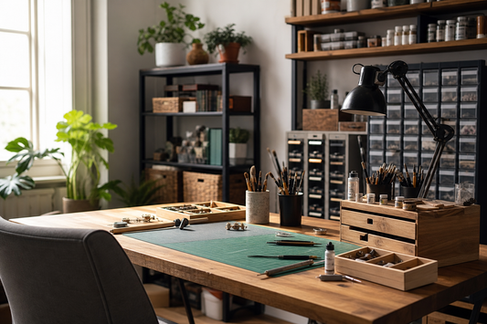 Unbranded practical sequence scene featuring practical hobby workspaces
