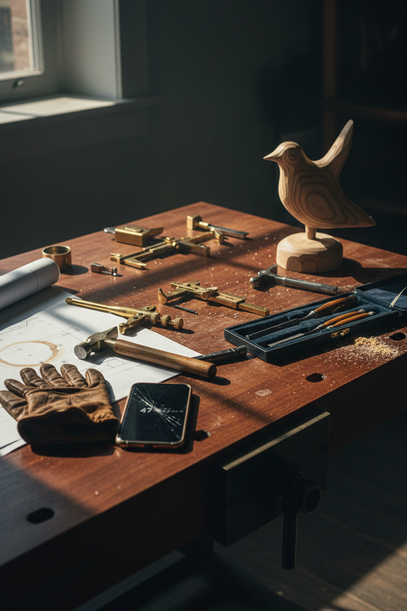 Premium mahogany workbench with scattered brass tools, half-finished wood project, coffee-stained blueprint, crumpled leather glove beside notification-filled smartphone in dramatic shadow lighting