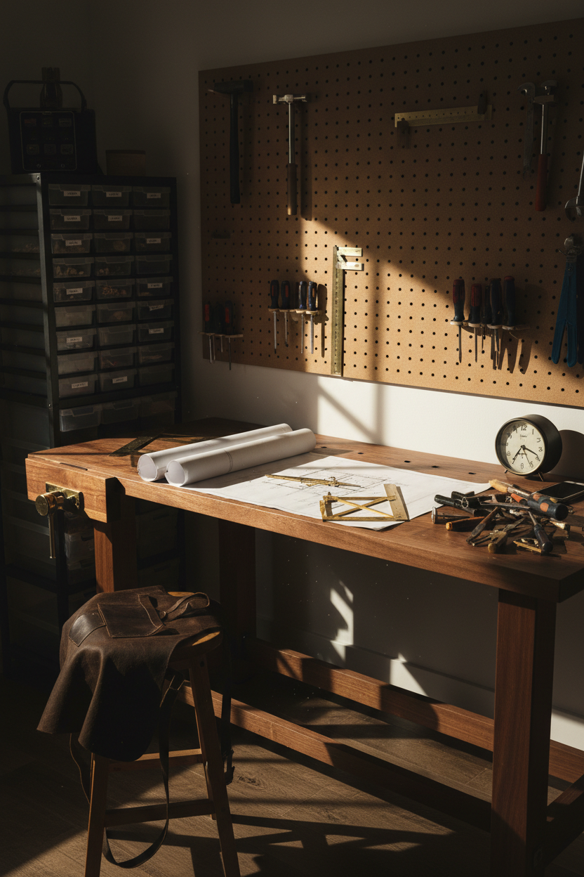 Premium walnut workbench with scattered brass tools and half-rolled blueprint, empty pegboard silhouettes in background, sharp afternoon shadows creating visual tension in unfinished workshop system