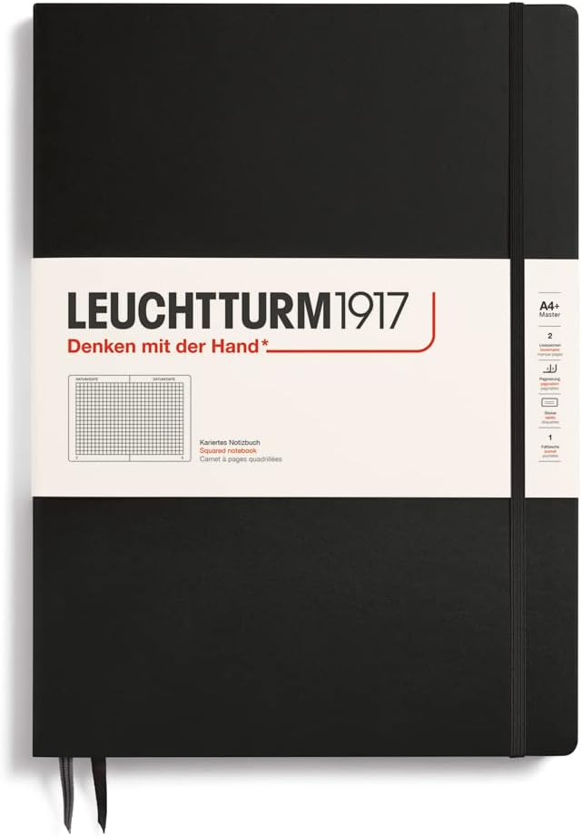 LEUCHTTURM1917 - Notebook Hardcover Master Slim A4+ - 123 Numbered Pages for Writing and Journaling (Black, Squared) by LEUCHTTURM1917