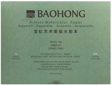 BAOHONG Artists' Watercolor Paper Block (20 Sheets, glued on Four Edges), 100% Cotton, Acid-Free, 140LB/300GSM, Watercolor Art Supplies for Wet, Dry, and Mixed Media Painting (Cold Press 16.2"X12.2") by BAOHONG