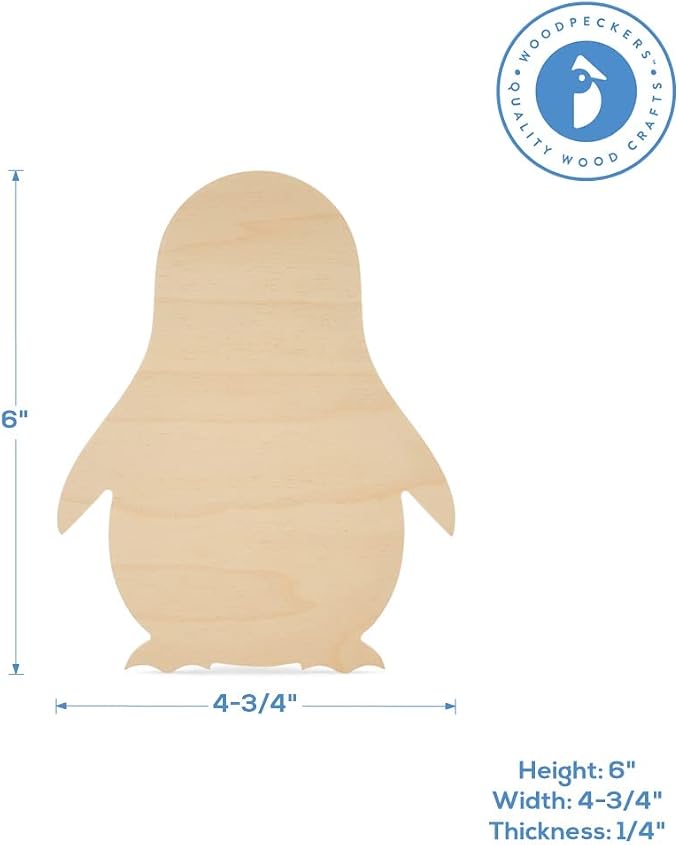 Wood Penguin Cutout, 6-inch x 4-3/4-inch Pack of 12 Unfinished Wooden Animals for Crafts and Christmas Tree Ornaments, by Woodpeckers - Image 6