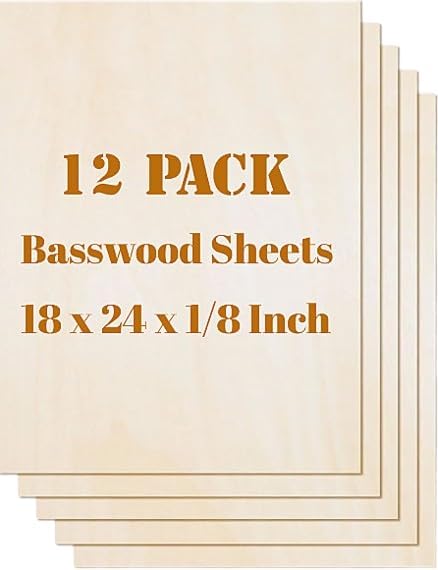 12 Pack Basswood Sheets Plywood Board 18 x 24 x 1/8 Inch- 3mm Thick Unfinished Wood Boards with Smooth Surfaces for Crafts, Laser Cutting and Engraving, CNC Cutting, DIY Architectural Models by Unknown