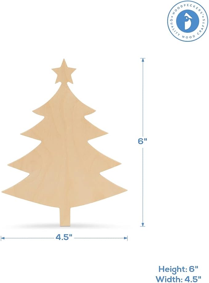 Christmas Tree Cutout with Star, 6 Inch, Pack of 12, Use as Wooden Christmas Ornaments or Door Hanger, Perfect Wooden Cutouts for Crafts, by Woodpeckers - Image 2