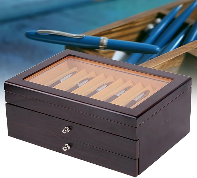 Wood Pen Display Box, 3 Layer Pen Organizer Box 34 Pens Storage Fountain Pen Collector Case with Glass Window for Shop or Home (Black) - Image 3