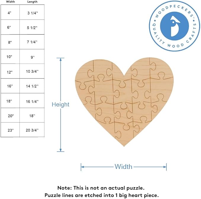 Blank Puzzle Heart Wood Cutouts 20-inch, 1/8 inch Thick, Pack of 5 Wooden Hearts for Crafts, Mother's Day and Valentines, by Woodpeckers - Image 2