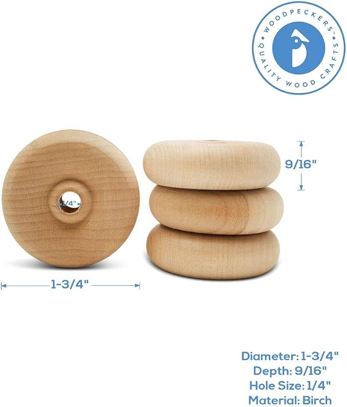 Classic Mini Wooden Wheels, Great for Crafts Too, 1-3/4 Inch Diameter, 9/16 Inch Thick, 1/4 Inch Hole, Pack of 24, by Woodpeckers - Image 5