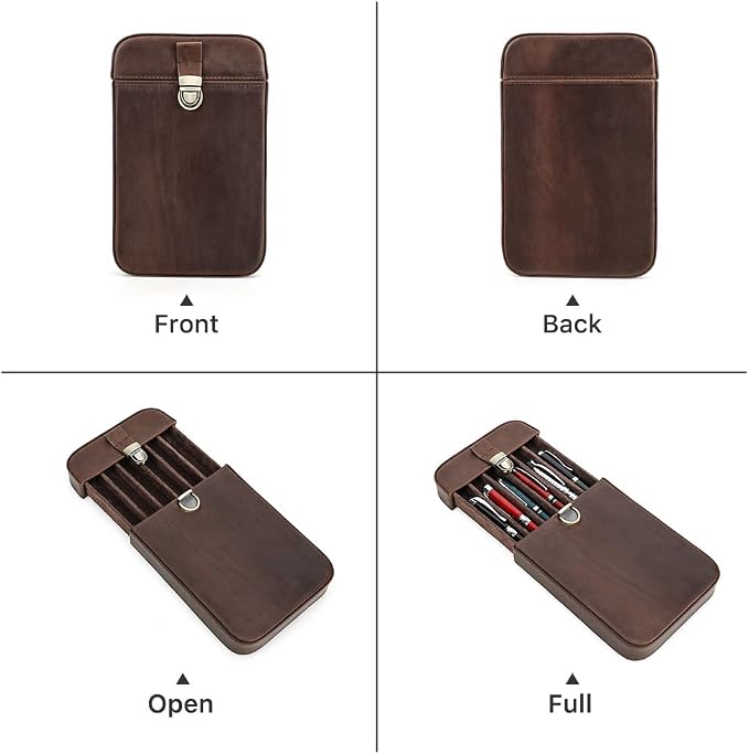 CONTACTS Full Grain Leather 6 Slot Pen Case Fountain Pens Holder Travel Pencil Case by Handmade Vintage Tray Design with Push Lock - Image 8