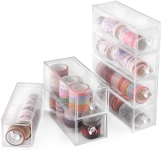 HomDSim 3 Drawers Acrylic Clear Washi Tape Box Organizer Storage,Divider Closet Container Holder for Cosmetic Makeup,for Ribbon,Sewing,Thread,Masking Tape,Roll Tape,Pencils,Cotton Ball, Cotton Swab - Image 5