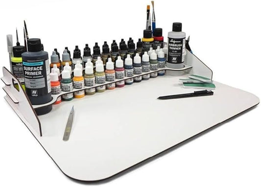 Vallejo - Paint Display and Work Station 50 x 37 cm | Capacity for 45 Bottles of 18 ml. (0.6 fl.oz.), 4 of 35 ml. (1.18 fl.oz.) or 60 ml. (2.02 fl.oz.), 2 of 200 ml. (6.76 fl.oz.) and 10 Brushes