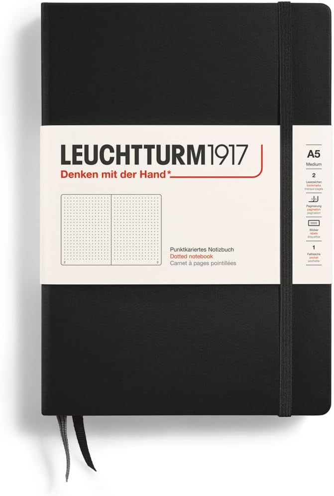 LEUCHTTURM1917 - Notebook Hardcover Medium A5-251 Numbered Pages for Writing and Journaling (Black, Dotted) | 251 numbered pages, thread binding, table of contents, folding pocket, 2 bookmarks by LEUCHTTURM1917