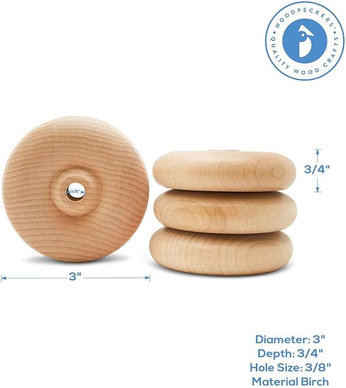 Classic Mini Wooden Wheels, Great for Crafts Too, 3 Inch Diameter, 3/4 Inch Thick, 3/8 Inch Hole, Pack of 4, by Woodpeckers - Image 5