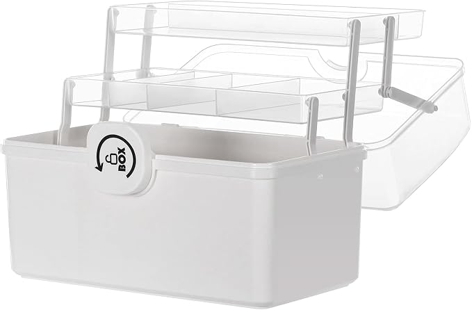 Sooyee Craft Organizers and Storage,Plastic Box with 3-Tier Fold Tray and Handle,Portable Lockable Container for Arts, Crafts,Cosmetic, Sewing, Toy, Washi Tape, Lego,13.4x7.5x8.9 In,Clear/White by Sooyee