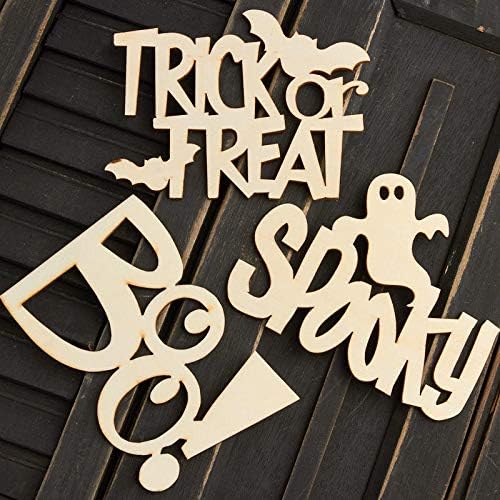 Pack of 18 Unfinished Wood Trick or Treat with Bats, Boo!, and Spooky Ghost Cutouts - Halloween Wooden Shapes for Fall Crafts and Autumn Decorations - Made in USA (3" to 3-3/4" H) by FactoryDirectCraft