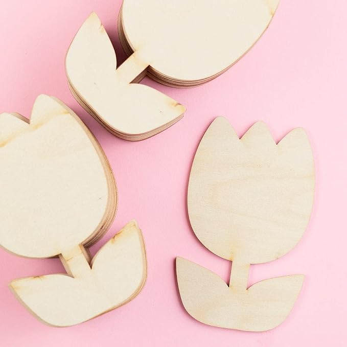 Pack of 24 Unfinished Wooden Tulip Flower Cutouts by Factory Direct Craft - Blank Wooden Shapes to Paint as Tulip Flowers Fun DIY Project for Easter Spring Arts and Crafts (Size: 4-3/4" L) by FactoryDirectCraft