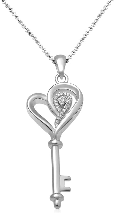 Jewelili Sterling Silver Diamond Heart Key Pendant Necklace for Women | Round Cut White Diamonds, 18" Cable Chain, Lobster claw clasp, Timeless Fashion Jewelry ,Fine jewelry with gift box by Jewelili