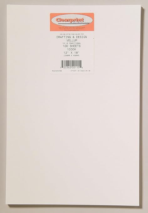 Clearprint 12" x 18" 1000H Design Vellum Sheets, 16 lb., 100% Cotton, 100 Sheets Per Pack, 1 Each by Clearprint