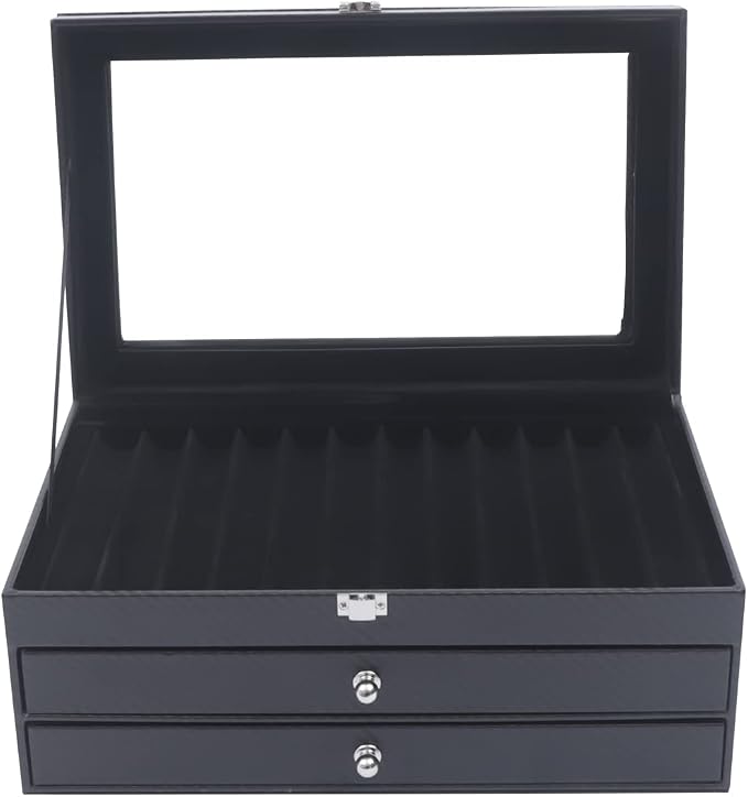 AngelcityCC 36 Slot Black Leather Flannel Pen Organizer Box with Glass Window, Charcoal Fiber Pen Collection Display Case - Image 2